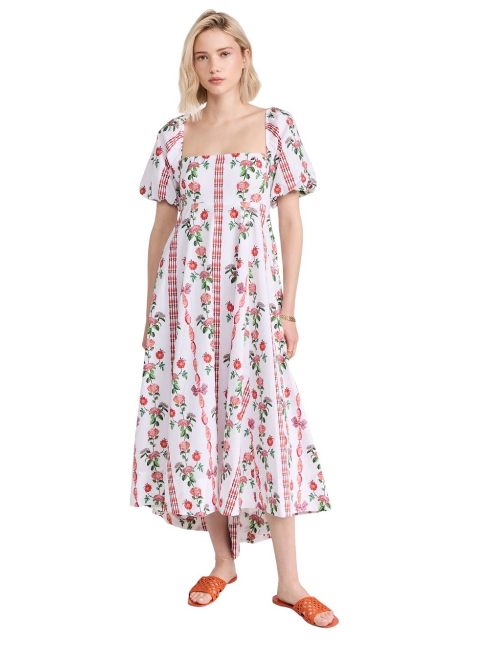 Hill House Red Vine Shell Stripe Matilda Dress Bohemian Puffy Sleeves Midi